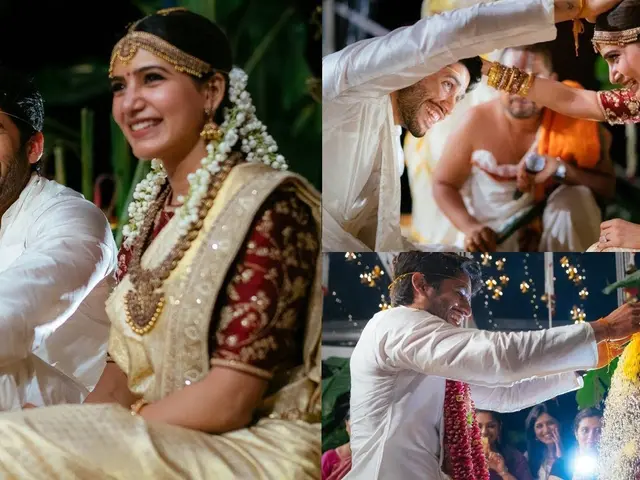 The image shows a collage of photos of a bride and groom at their wedding reception. On the left...