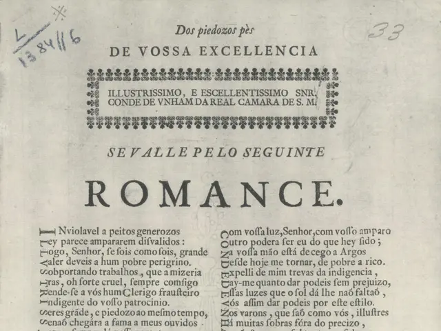 The image shows an open book with the words "Romance" written on it. The paper is yellowed with...