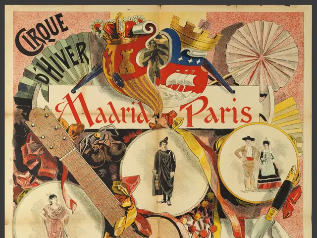 The image shows a poster advertising a concert in Madrid, Spain, featuring a guitar in the center...