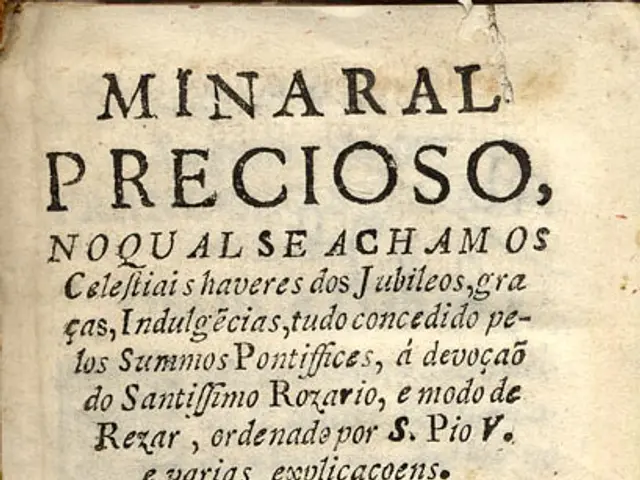 The image shows an old book with a stamp on it, which reads "Mineral Precioso". The book is open,...