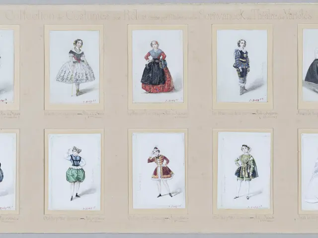 The image shows a collection of costumes for women in various styles, including dresses, with text...