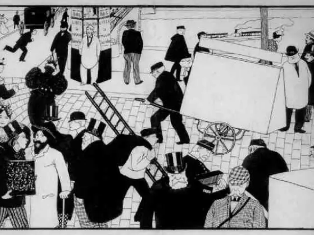 The image shows a black and white drawing of a crowd of people in a subway station, with a ladder,...
