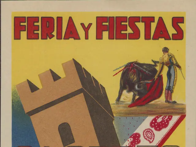 The image shows a poster advertising a fiesta in Caceres, Spain. It features a person standing in...