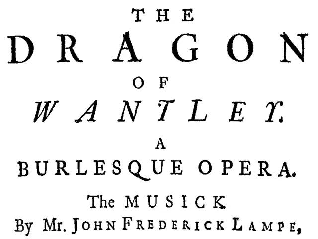 The image shows a poster with the text "The Dragon of Wantler: A Burlesque Opera" and a logo of a...