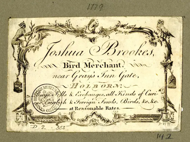 The image shows an old business card with a picture of Joshua Brooks, a bird merchant, on it. The...