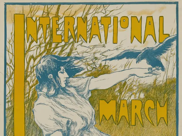 The image shows a poster for the International March, featuring a woman with a human face and a...