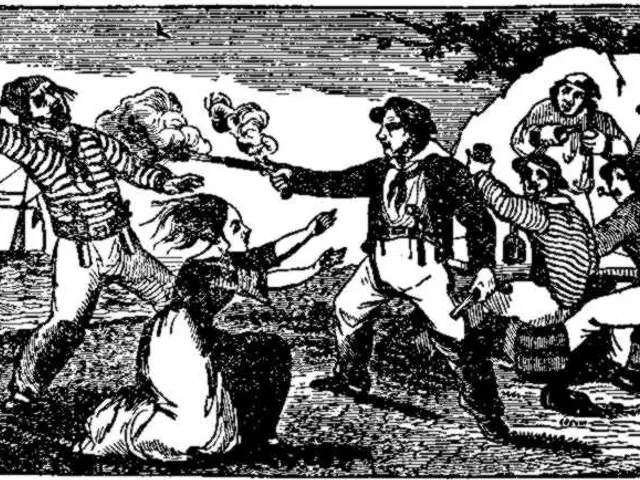 The image shows a black and white drawing of a group of people on a beach, with a ship in the...