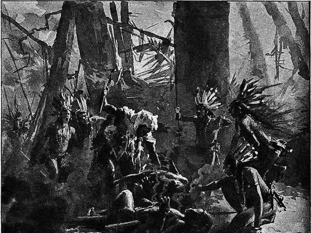 The image shows a black and white illustration of a group of people in the woods, with skulls and...