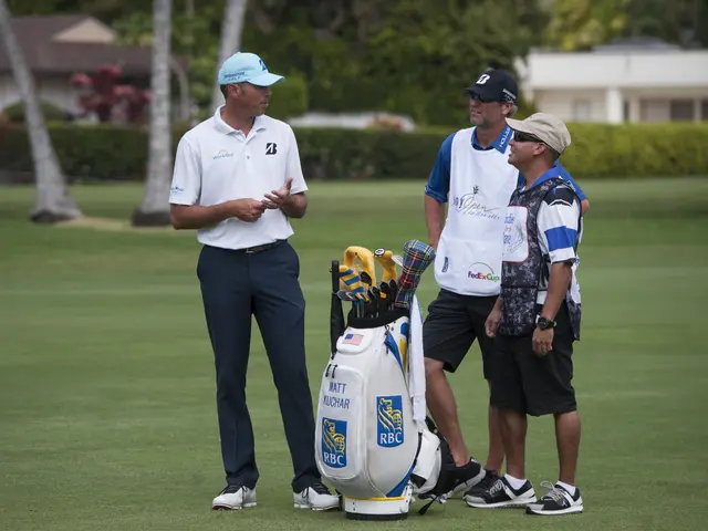The image shows a group of men standing on top of a lush green field, with a golf bag filled with...