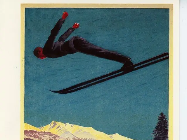 The image shows a poster of a person on skis in the air, surrounded by trees, houses, and mountains...