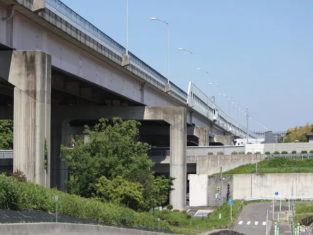 The image shows a highway with a bridge over it, street lights, poles, sign boards, plants, grass,...