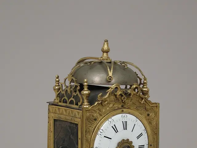 The image shows a French gilt bronze mantel clock with a white background. The clock has a fusee...