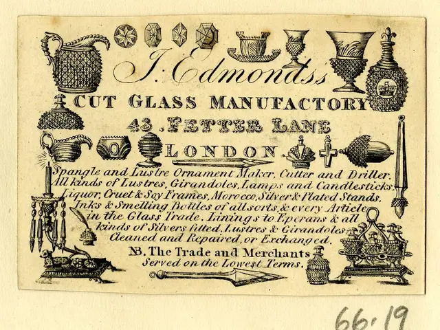 The image shows an old advertisement for a cut glass factory in London, England. It features a...