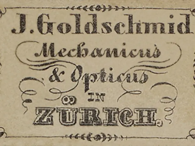 The image shows an old business card with the words "J. Goldschmidt Mechanicus & Optics in Zurich"...