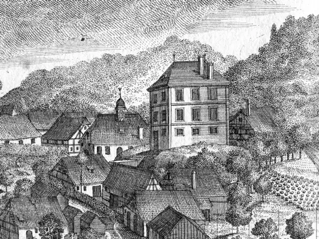 The image shows a black and white drawing of a small town with a church in the middle, surrounded...