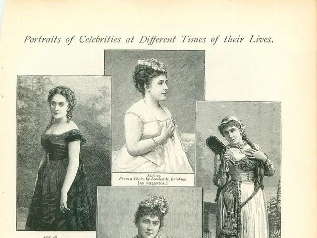 The image shows an old book with pictures of women in dresses on it. The woman in the center of the...