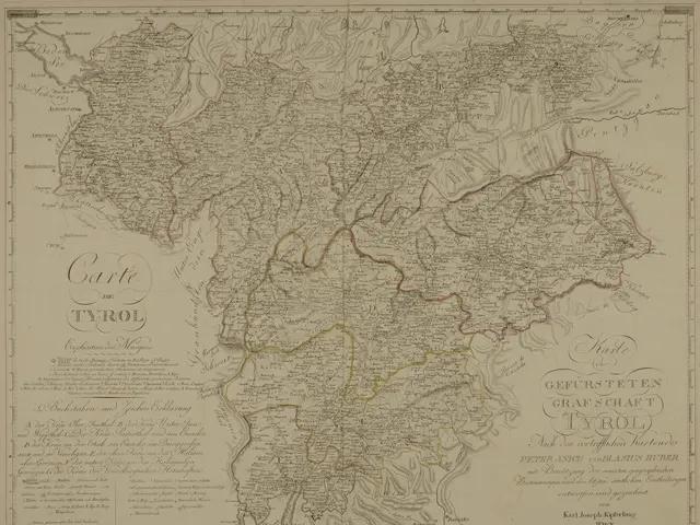 The image shows an old map of the city of Tyrol, Germany, with text written on it. The map is...