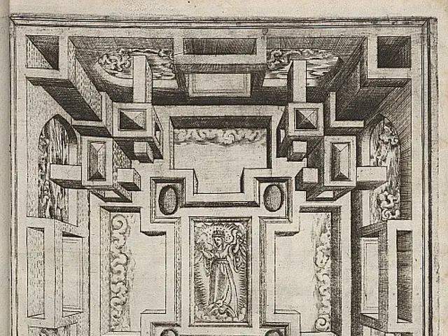 The image shows a black and white drawing of a room with a man in the center, surrounded by...
