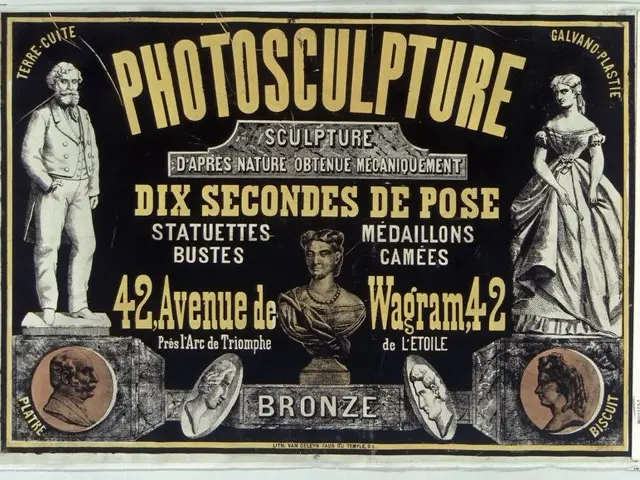 The image shows a poster advertising a sculpture exhibition in Paris, France. It features pictures...