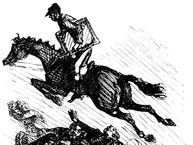 The image shows a black and white drawing of a horse and jockey jumping over a hurdle. The horse is...