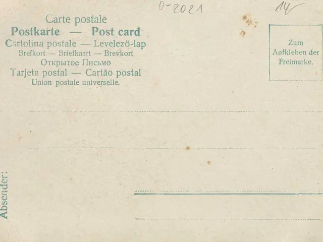 The image shows an old postcard with a blue stamp on it. The postcard has text and a barcode...