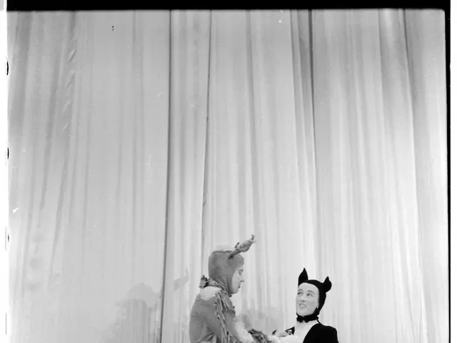 The image shows a man and woman standing on top of a stage, both wearing costumes. The man is...