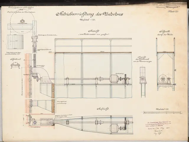 The image shows an old book with a drawing of a machine on it. The drawing is detailed and shows...