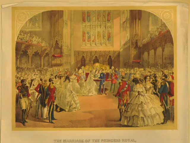 The image shows the marriage of the Princess Royal, with a group of people standing on the floor in...