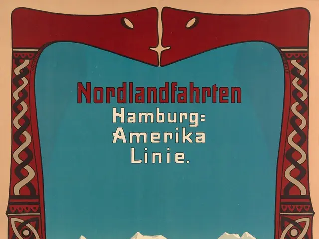 The image shows a poster advertising the Hamburg-Amerika Line in Norway, featuring a boat on the...