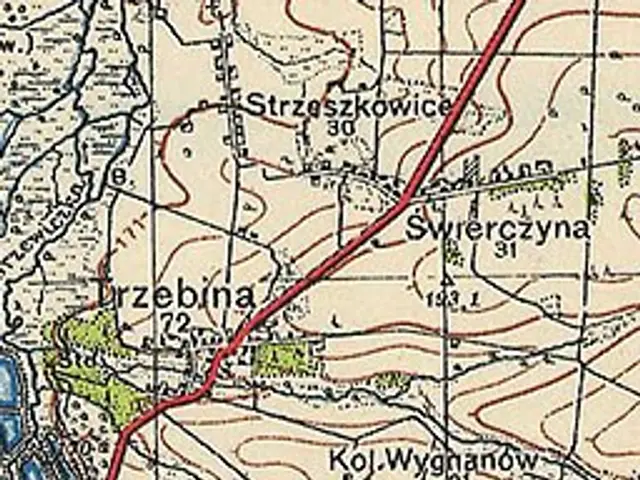 The image shows a topographic map of the city of Szczecin, Poland, with text and lines indicating...