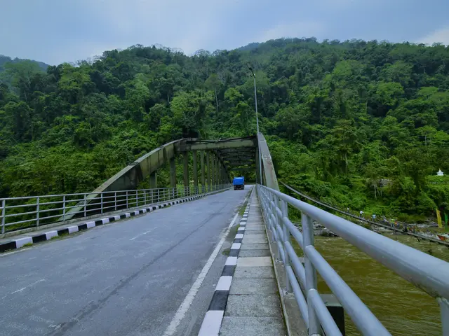 The image shows a truck driving across a bridge over a river, with railings on either side. In the...