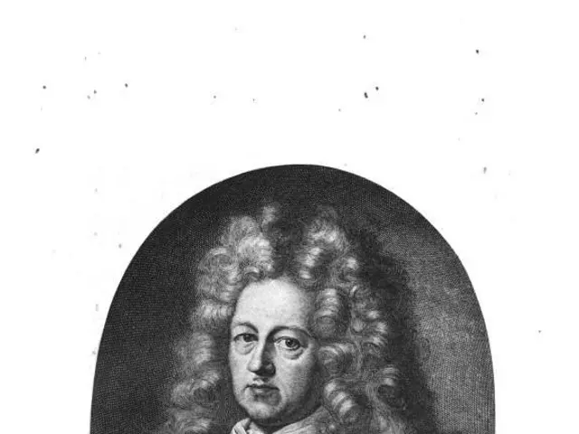 The image shows a black and white portrait of Franz von Meinders, a German composer, with long...