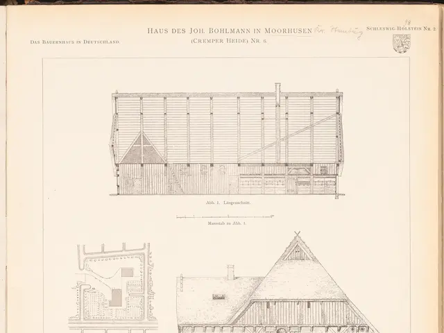 The image shows an open book with a drawing of a house on it. The book contains detailed plans and...