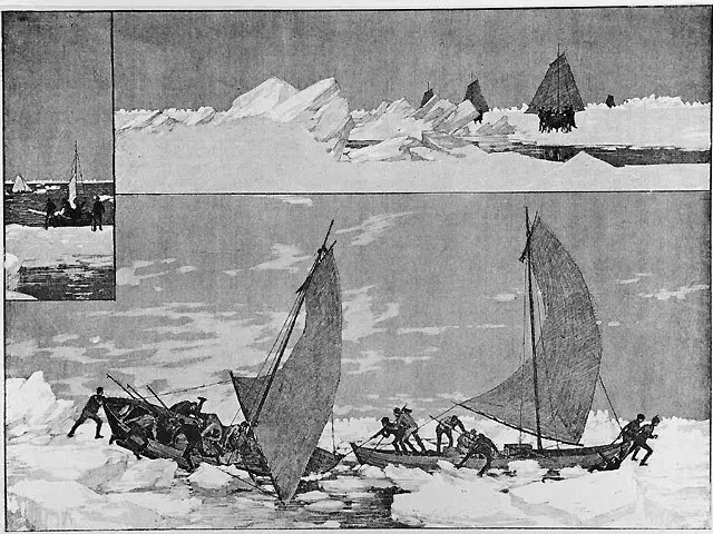 The image shows a black and white photo of a group of people on a boat in the snow, with icebergs...