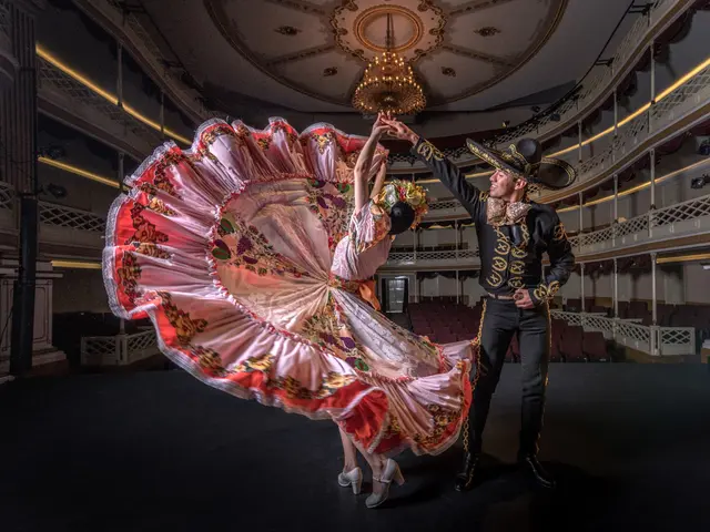 The image shows a man and woman dancing in a ballroom, illuminated by a chandelier hanging from the...