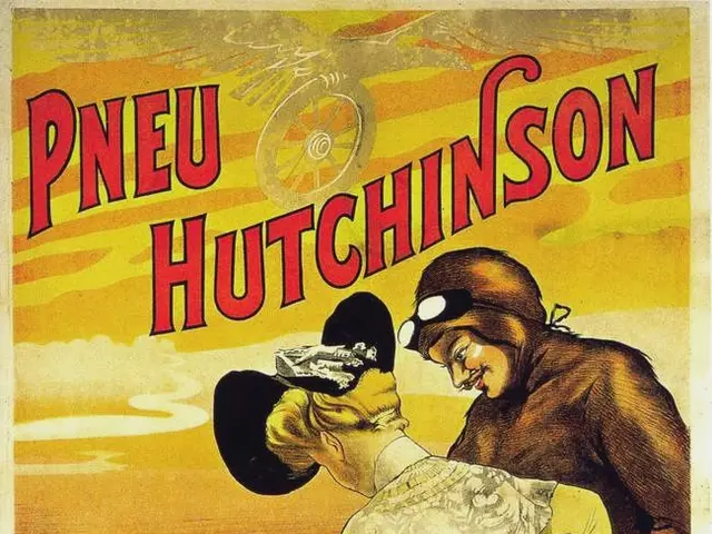 The image shows a poster advertising a Pneu Hutchinson race car, featuring two people and a...