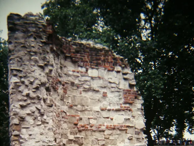 The image shows the ruins of a stone wall in a park, with a board with text on it, a fence, grass,...