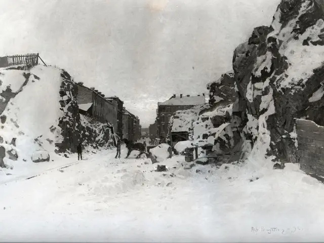 The image shows a black and white photo of a snowy street with people walking down it. On either...