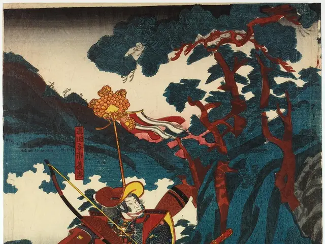 The image shows a Japanese woodblock print of a samurai on horseback, holding a bow and arrow,...