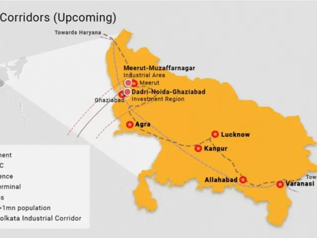 The image shows a map of India with text indicating the upcoming industrial corridors in the...