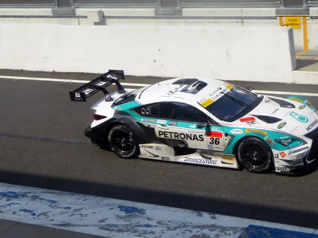 The image shows a Mercedes-AMG GT3 race car driving on a race track, with text on the car and a...