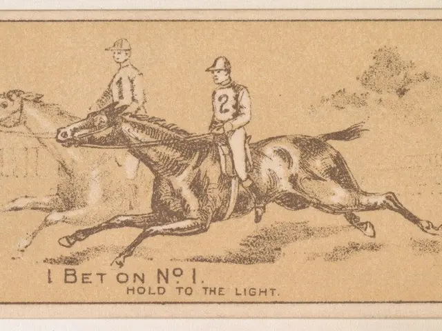 The image shows a drawing of two people riding horses, with the words "I bet on no. 1, hold to the...