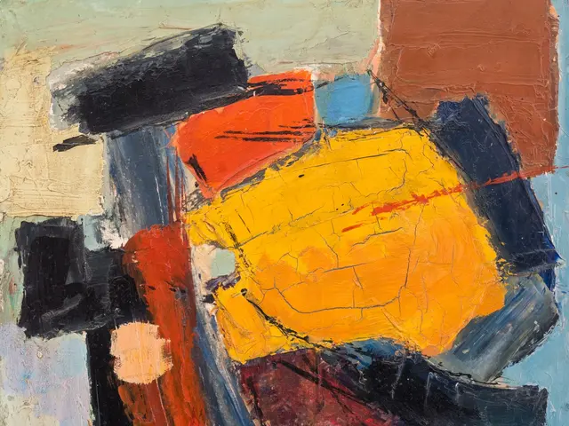 The image shows an abstract painting with a variety of colors, including yellow, red, blue, black,...