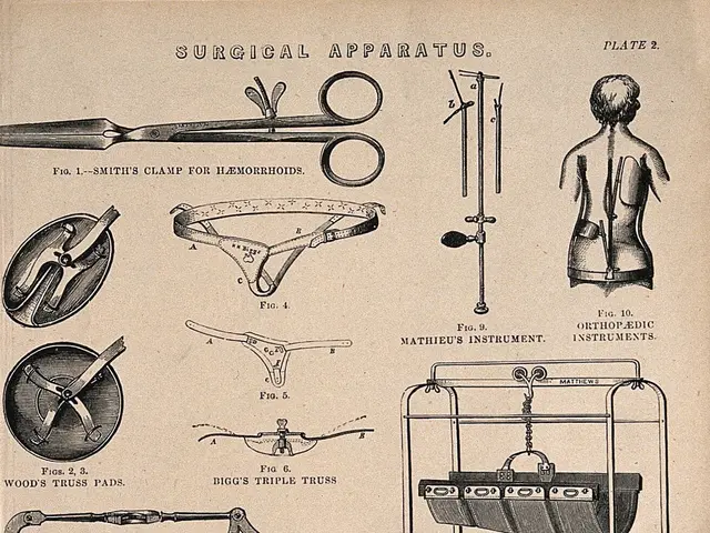 The image shows an old book with a drawing of various surgical instruments, including scissors, a...