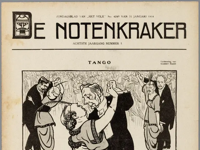 The image shows a paper with a drawing of a man and a woman dancing tango on the cover of a...