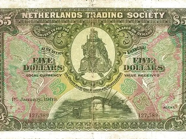 The image shows an old five dollar banknote from the Netherlands Trading Society. The note features...