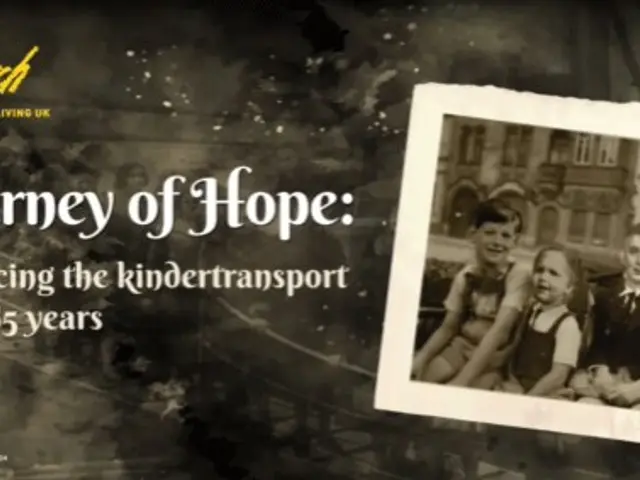 The image shows a poster with a photo of a group of people on the right side and text on the left...