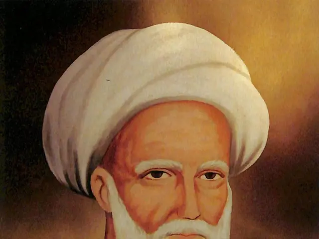 The image shows a painting of Ayatollah Ali Khamenei, the Supreme Leader of Iran, wearing a black...