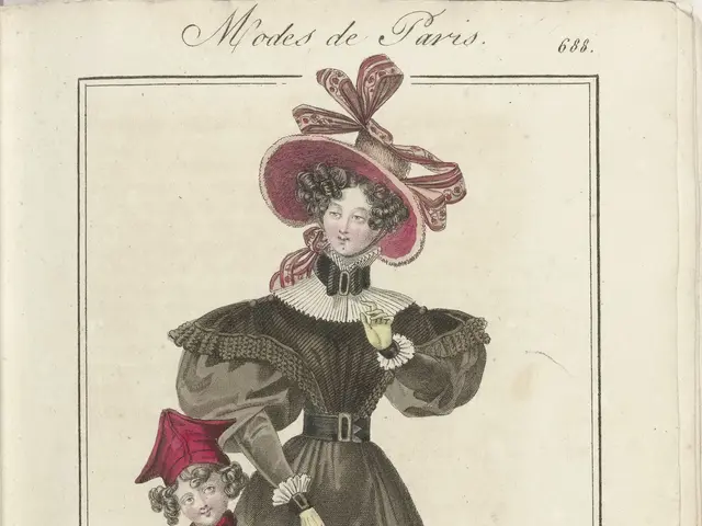 The image shows a woman and a child wearing dresses and hats. The woman is wearing a long, flowing...