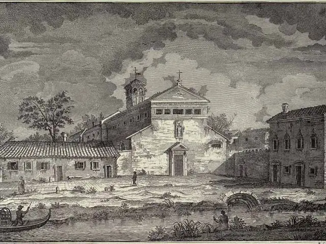 The image shows an engraving of a church in the middle of a river, surrounded by buildings, trees,...